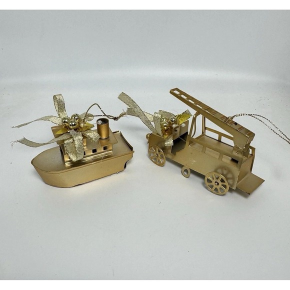 The Unbranded Brand Other - Vintage Gold Toned Metal Christmas Ornaments Featuring A Fire Truck And Boat